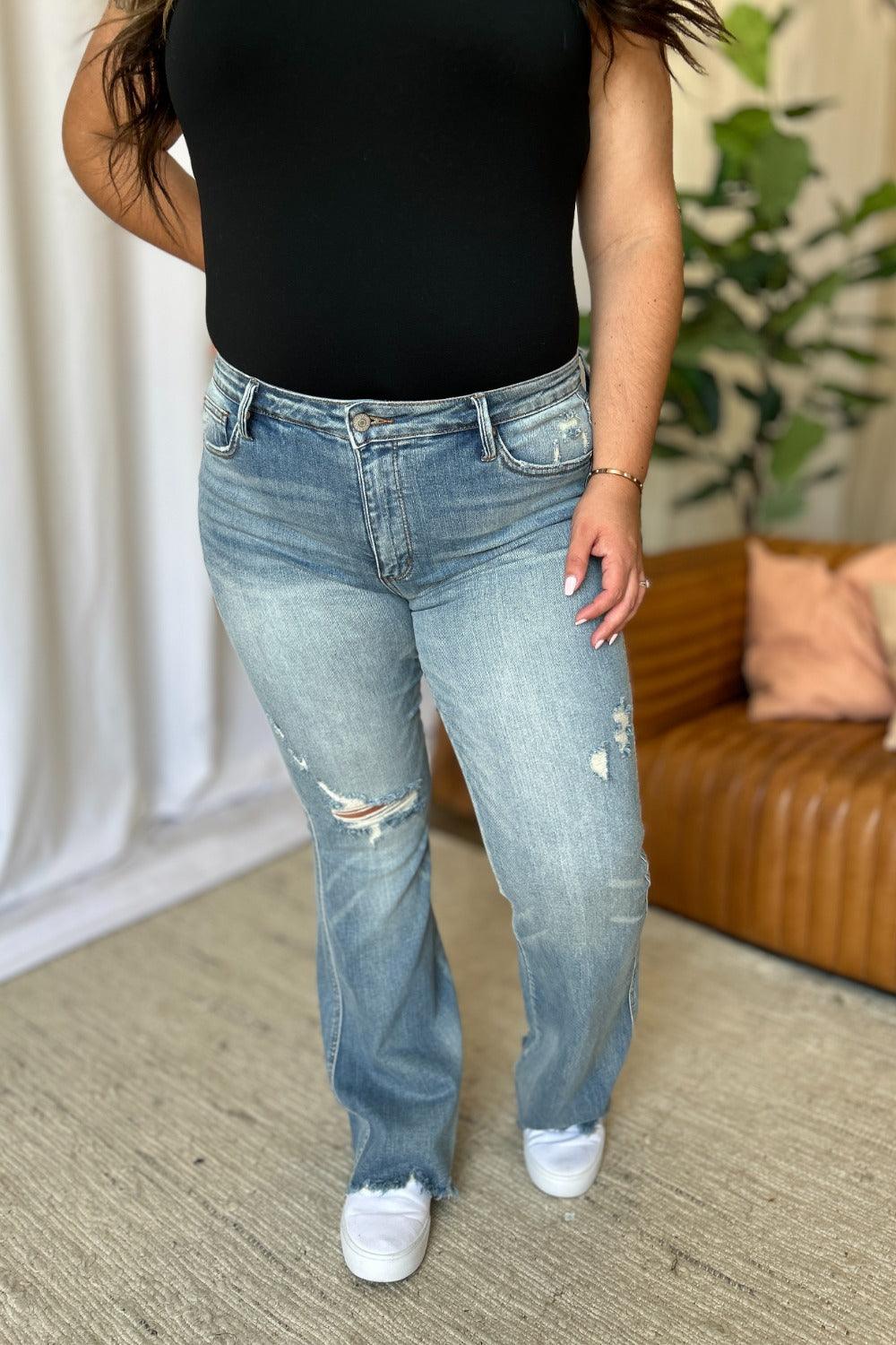 Judy Blue US Flare Jeans Medium Rise Tummy Control Destroy Denim Pants 6a7e02f7-774f-41d6-b805-2ea7b94303ce-Max Trendsi