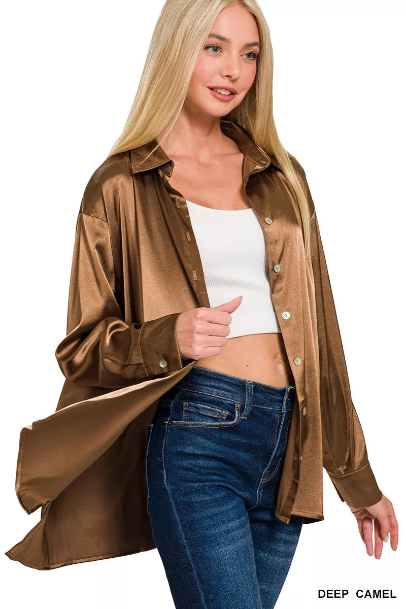 Zenana Satin Shirt Brown Button Up Long Sleeve Womens Top 6a86f4799a394da2a4609cf64cbd5179-Max-Origin Trendsi