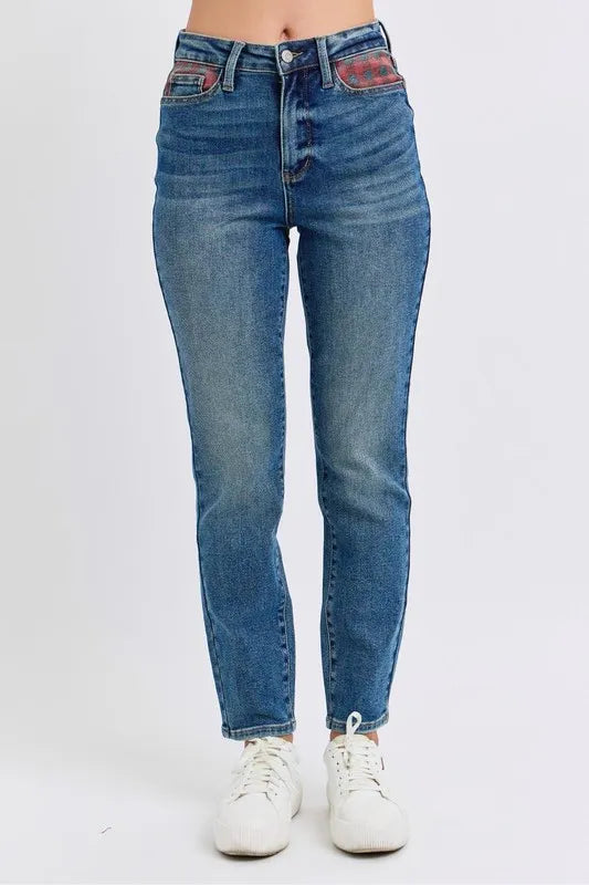 Judy Blue High-Waisted Plaid Patch Slim Fit Plus Size Jeans