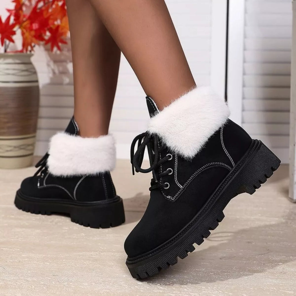 Women's Ankle Boots Faux Fur Lined Pu Leather Lace Up Round Toe Block Heels 6a8c34ab77814c93ad3ba7071f134507-Max-Origin Trendsi