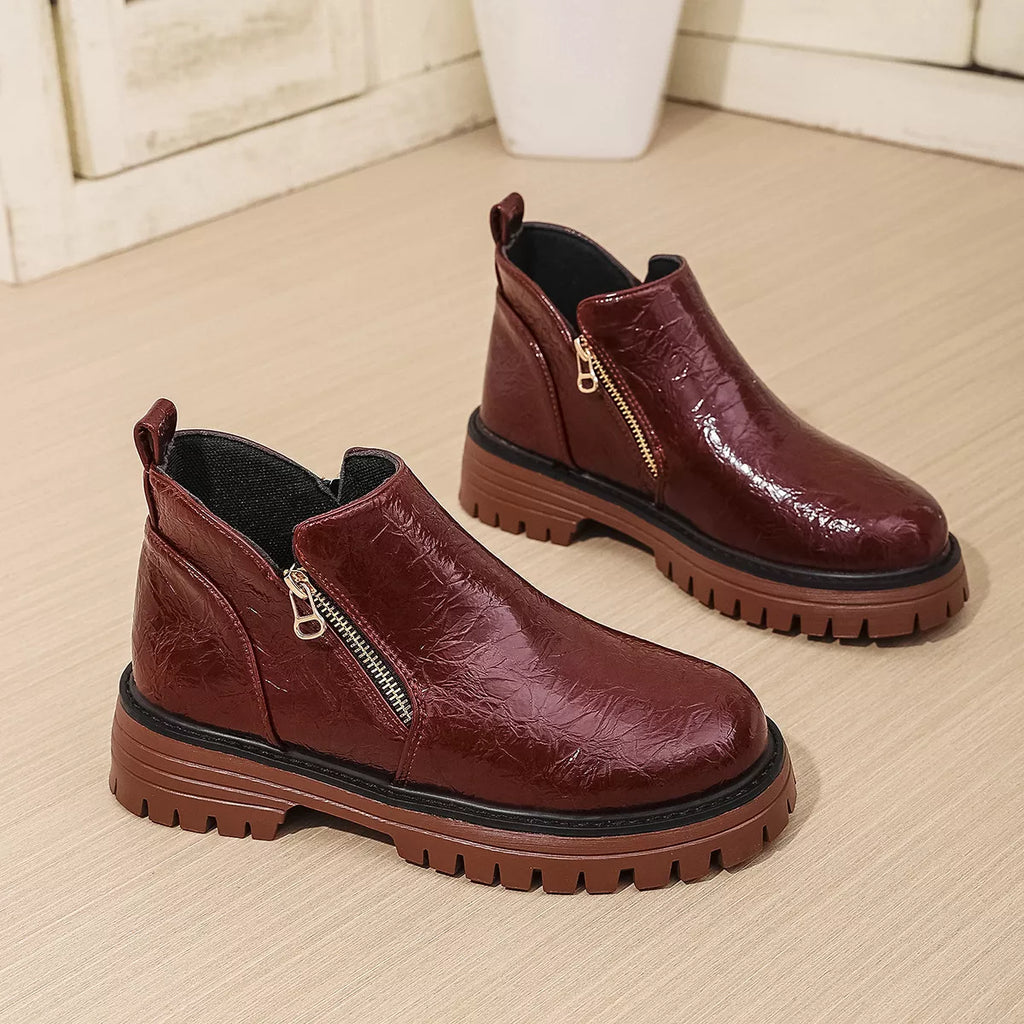 Women's Boots Pu Leather Side Zipper Round Toe Block Mid Heels Shoes 6a9ace9faa6641939f94df2684d84029-Max-Origin Trendsi