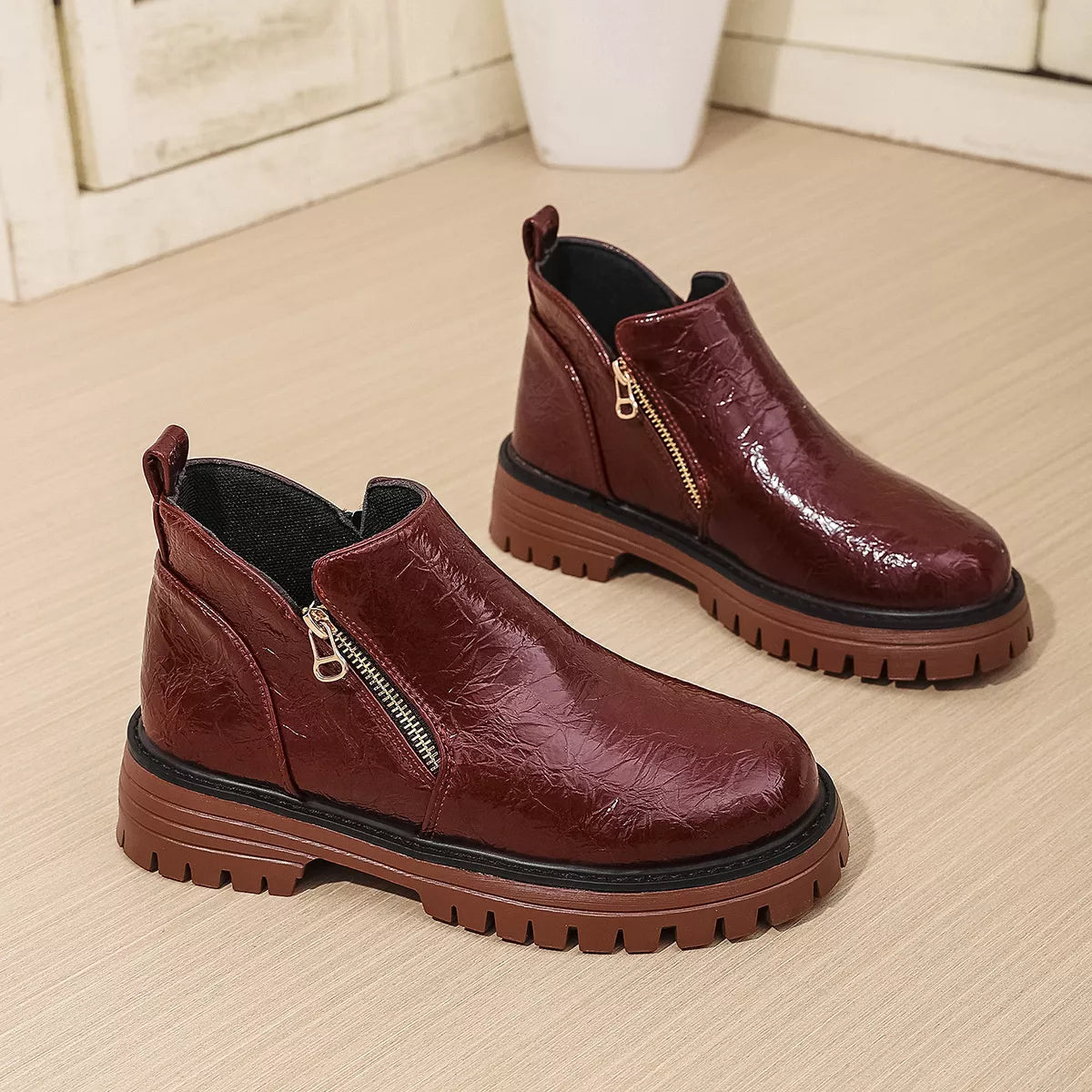 Women's Boots Pu Leather Side Zipper Round Toe Block Mid Heels Shoes 6a9ace9faa6641939f94df2684d84029-Max-Origin Trendsi