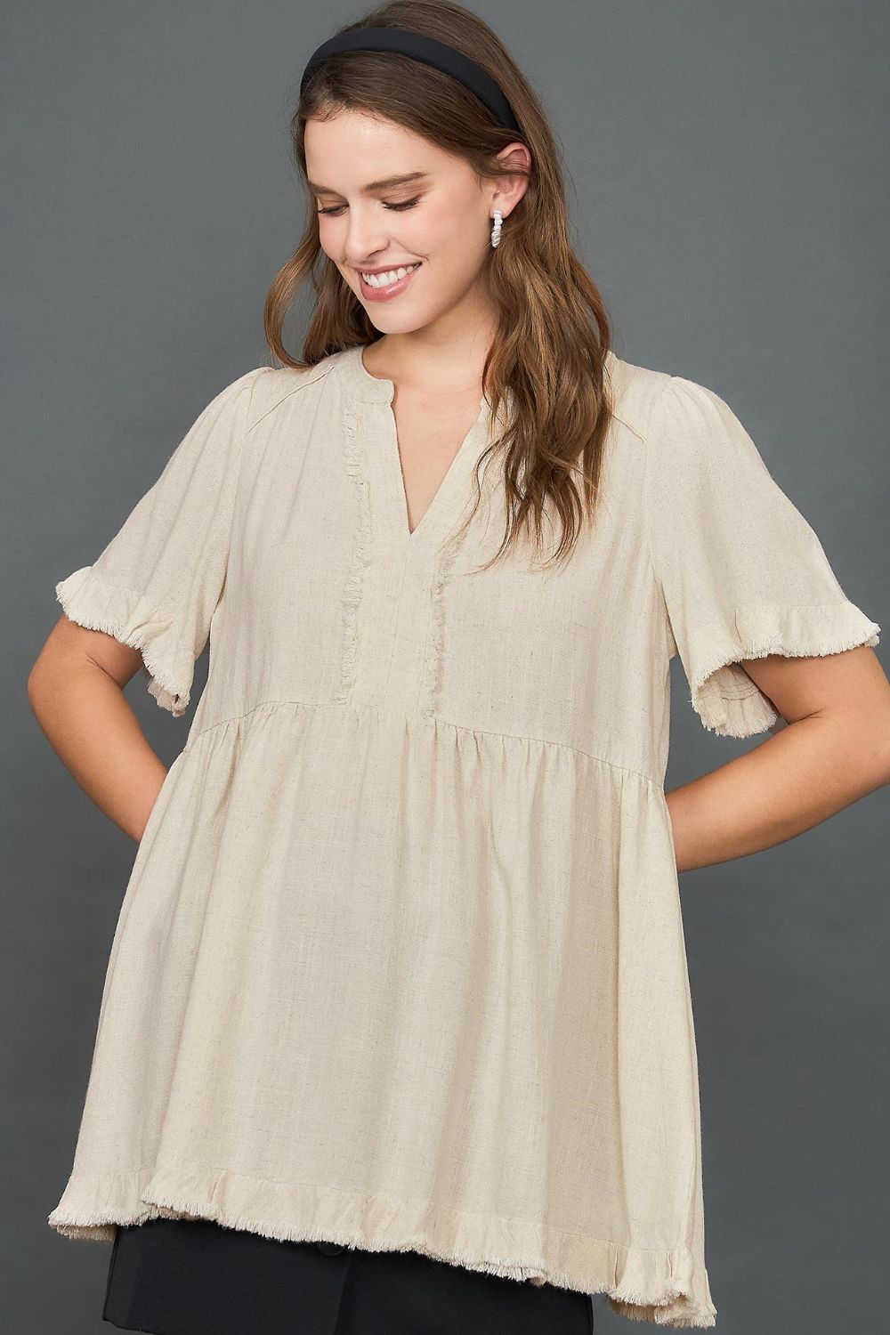 Umgee Babydoll Linen Blouse Raw Hem Notched Short Sleeve Oatmeal OATMEAL 6a9c229d-419c-4f23-b7e4-0aa87a76b4a1-Max Trendsi