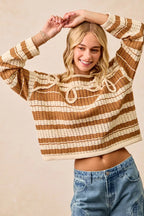 BiBi Womens Brown Striped Open Knit Sweater Top with Front Braided Detail 6aa1c259bf934d37ae91006f40db7038-Max-Origin Trendsi