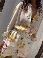Women's Outfit Set Beige Summer Print Button Up Long Sleeve Shirt and Shorts 6ab07d04e95f4e4fab3b29c25478fc69-Max-Origin Trendsi