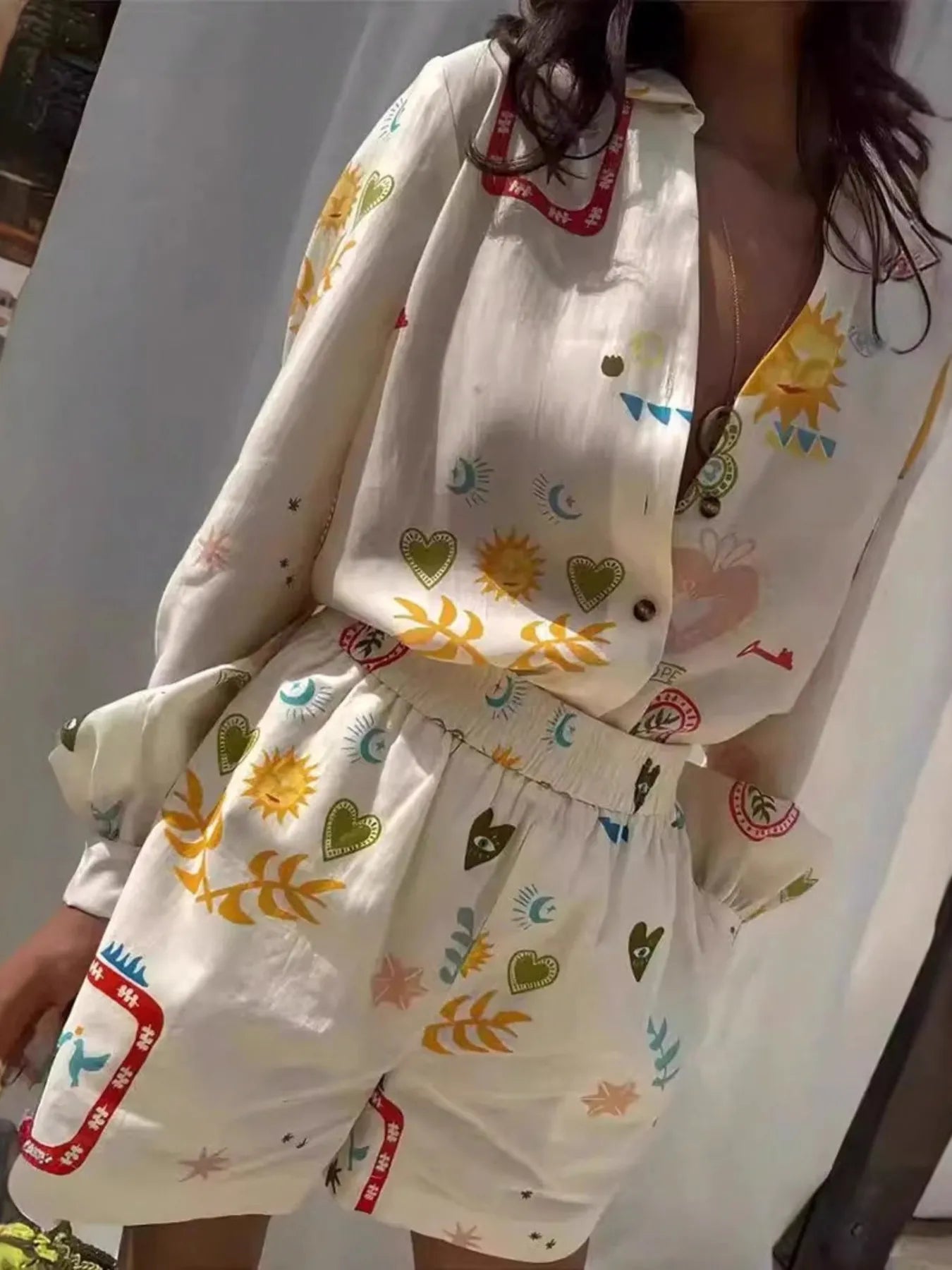 Women's Outfit Set Beige Summer Print Button Up Long Sleeve Shirt and Shorts 6ab07d04e95f4e4fab3b29c25478fc69-Max-Origin Trendsi