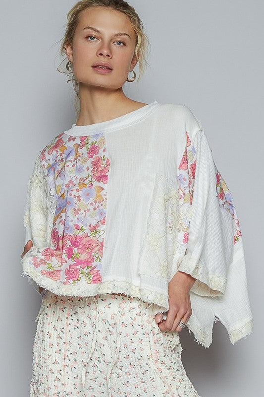 POL Blouse Off White Floral Lace Patch Round Neck Double Gauze Top Off White 6ab64316-eb2c-49fe-b8c5-5c045ea8e3a8-Max Trendsi