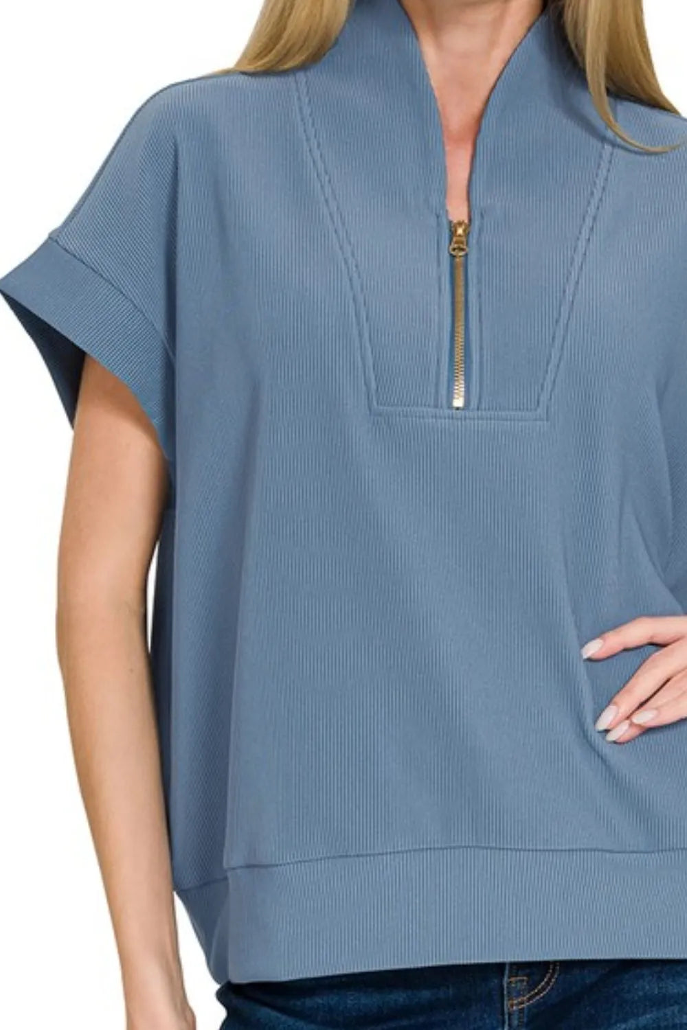 Zenana Top Ribbed High Neck Half Zip Dusty Blue Short Sleeve 6abc9bea-ec13-4aa0-83d2-78c3175e6124-Max-Origin Trendsi