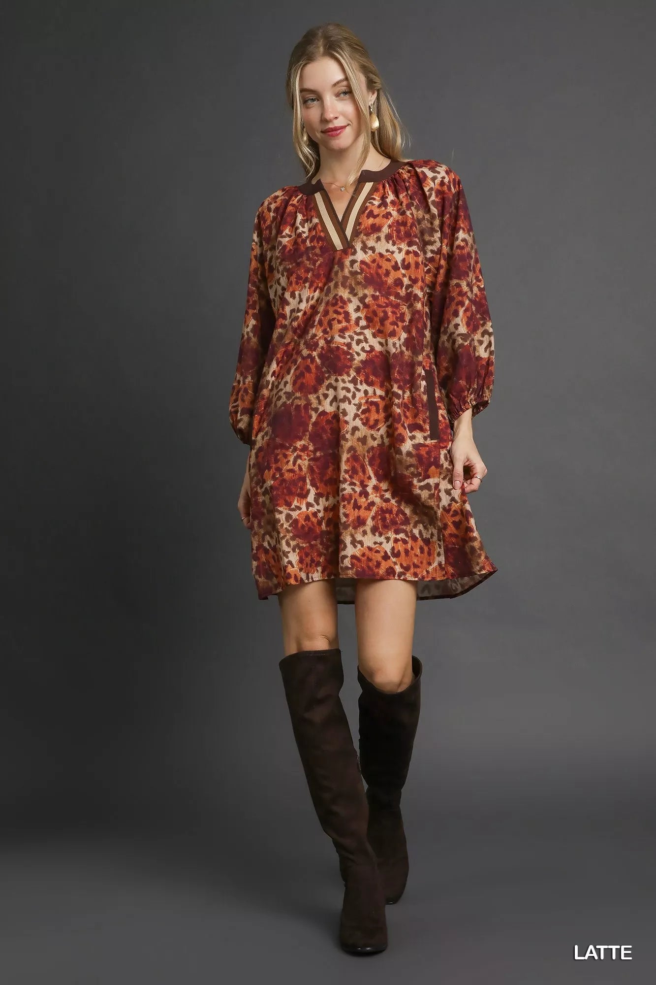 Umgee Tunic Short Dress Animal Floral Print Boho with Contrast Trim 6abe6091-bbba-445e-88b1-fbe6a229ff1c-Max-Origin Trendsi