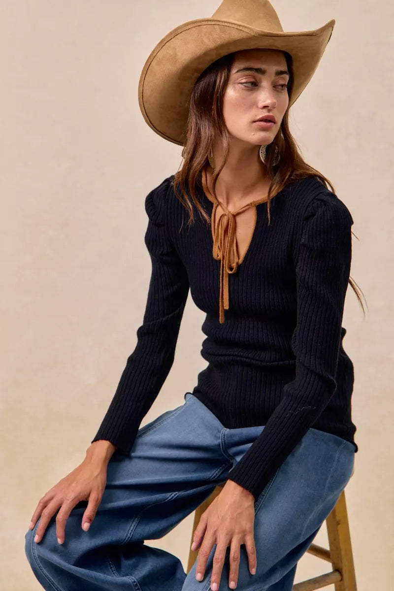 BiBi Womens Knit Top Black Ribbed Camel Contrast Front Tied Top with Shrried 6acf1b44f1994f3ab267ec9d311dc386-Max-Origin Trendsi