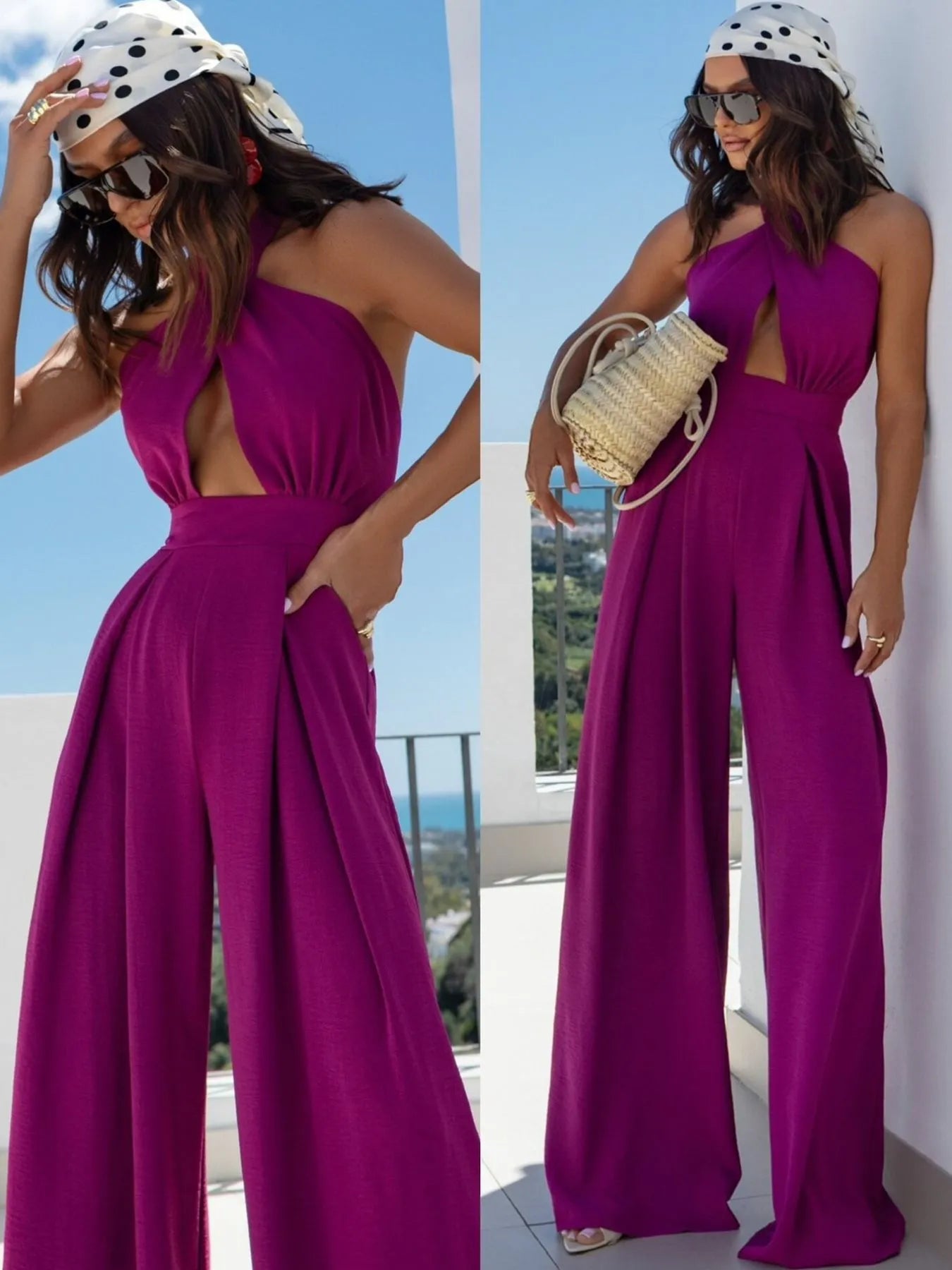 Women's Jumpsuit Wide Leg Cutout Halter Neck Backless Zipper Overall Purple 6ad14bc2-339f-4fd8-8161-92b84d72d64d-Max-Origin Trendsi