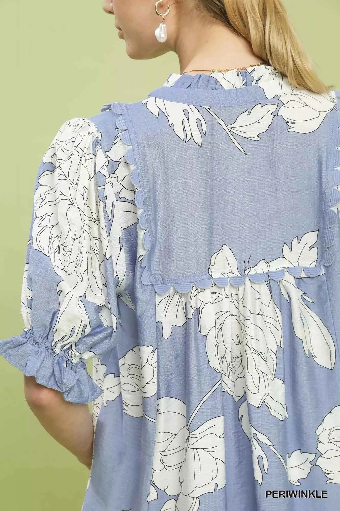 Umgee Peony Illustration Print Top with Scalloped Trim