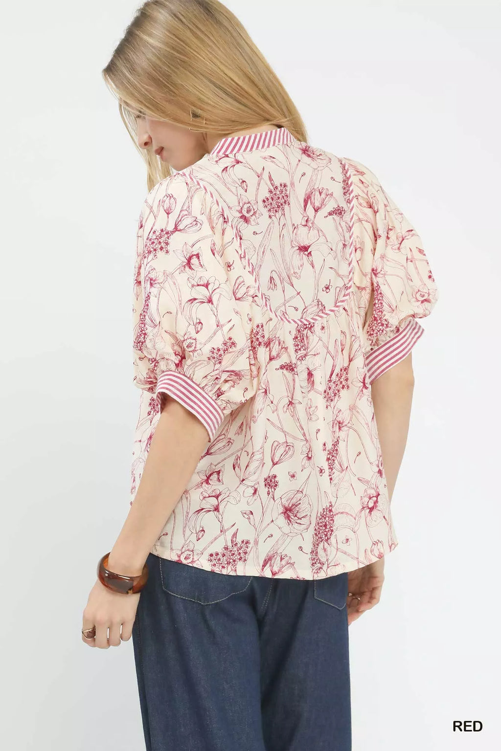 Umgee Blouse Red Mixed Print Puff Short Sleeve Split Neck Top 6add1842-cbad-46ad-9bc3-41751207a719-Max-Origin Trendsi