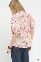 Umgee Blouse Red Mixed Print Puff Short Sleeve Split Neck Top 6add1842-cbad-46ad-9bc3-41751207a719-Max-Origin Trendsi
