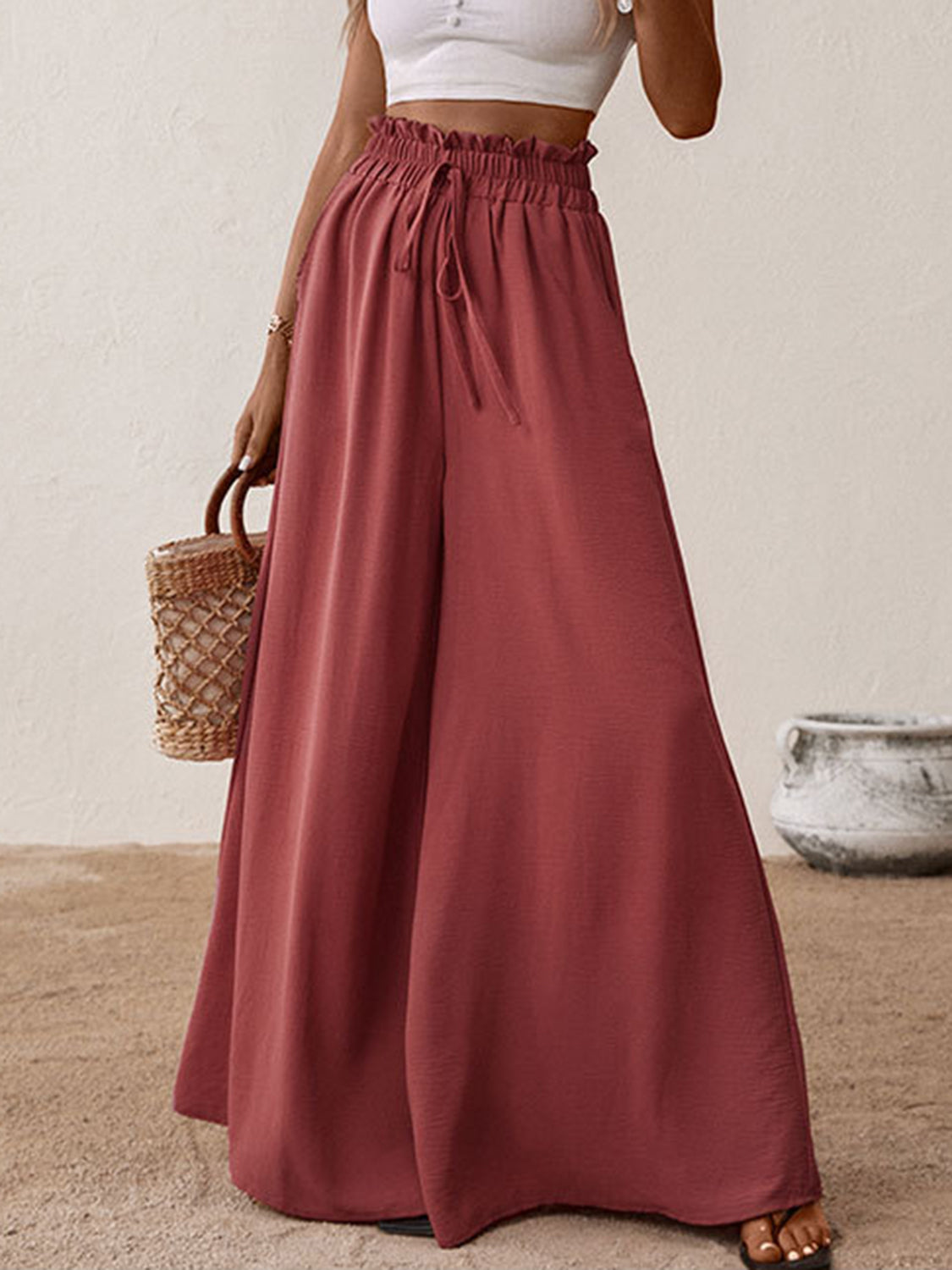 Perfee Wide Leg Pants Frill Tied Waist Women Rust Trousers with Pockets 6ae67223-5e71-473e-8254-79be2c1f500e-Max Trendsi