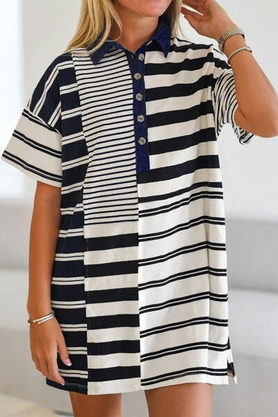 Striped Mini Shirt Dress Cotton Half Button Black Short Sleeve Black 6aefbc96-6765-4edd-b3c1-ae1debb54608-Min Trendsi