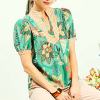Umgee USA Boho Blouse Green Mix Floral Mixed Abstract Print Puff Sleeve Top