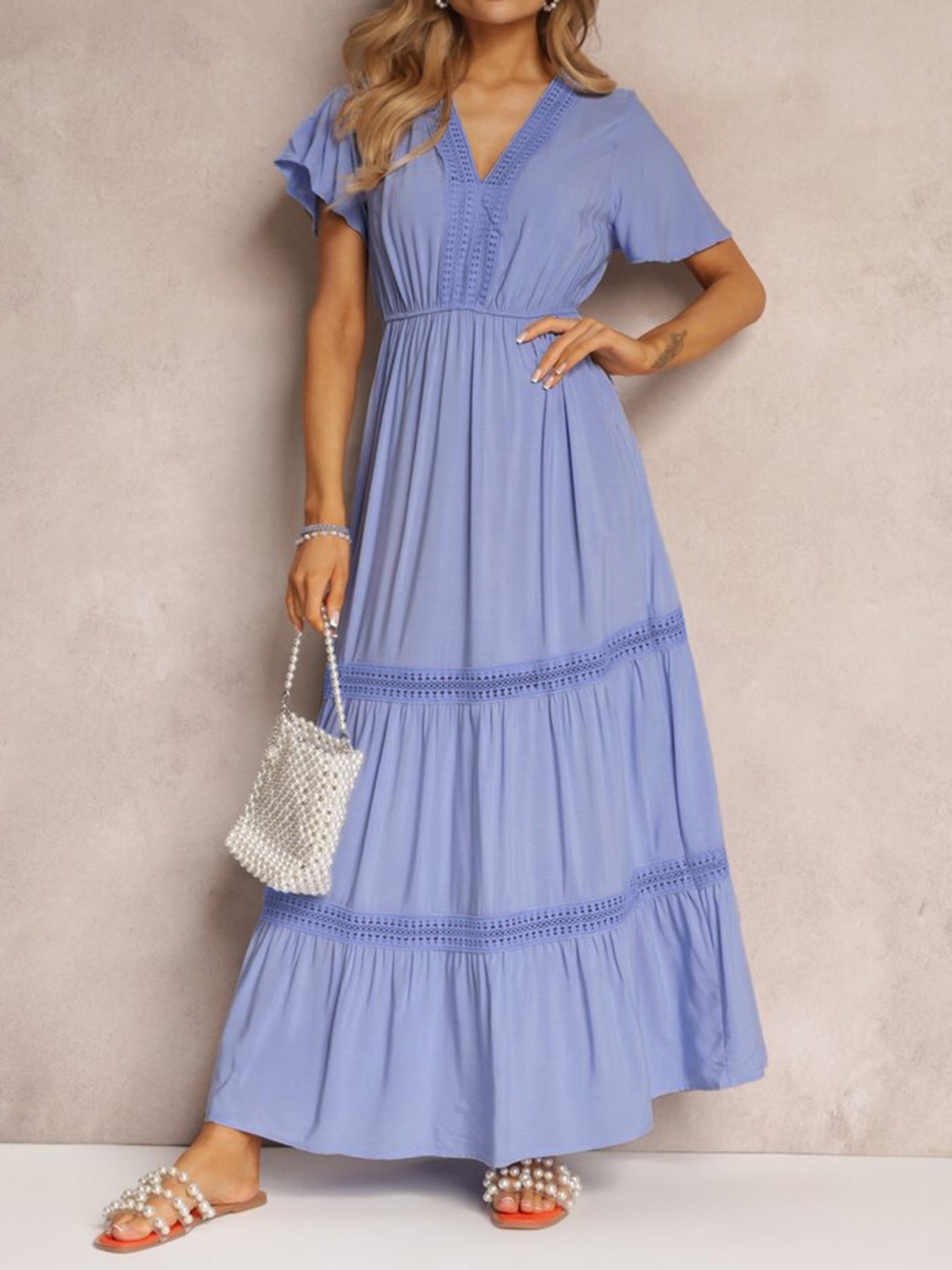 V-Neck Short Sleeve Tiered Maxi Dress