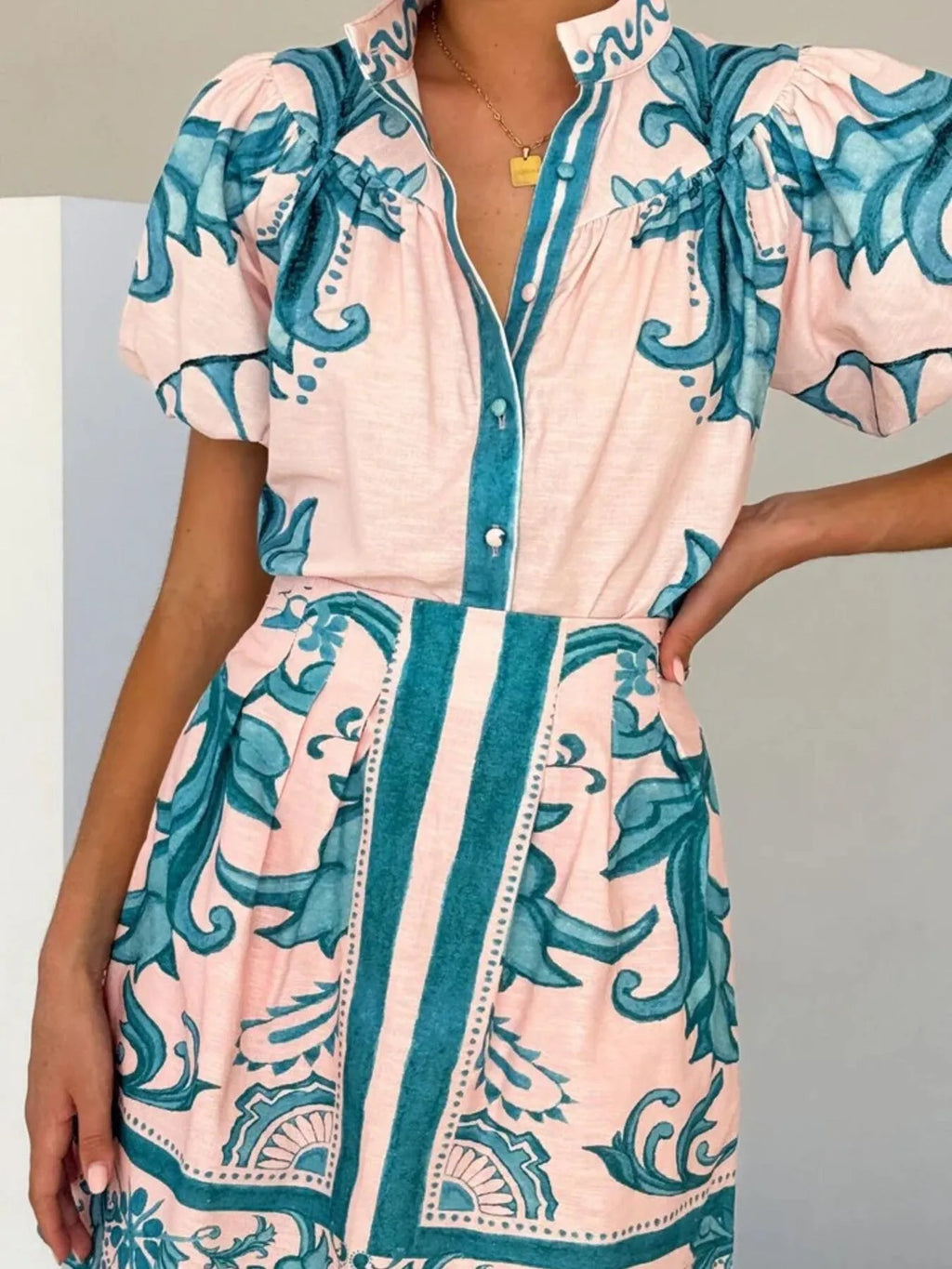 Women's Outfit Set Printed Top Puff Short Sleeve and Zip Back Skirt Sets Emerald Green 6b07a8b9-e275-4b17-a3e7-8e6a7852672d-Max-Origin Trendsi