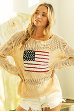 BiBi Top Open Knit Cover Up Sequin American Flag Patch Oatmeal 6b094141b5cd4e45ac13b5d889717910-Max-Origin Trendsi