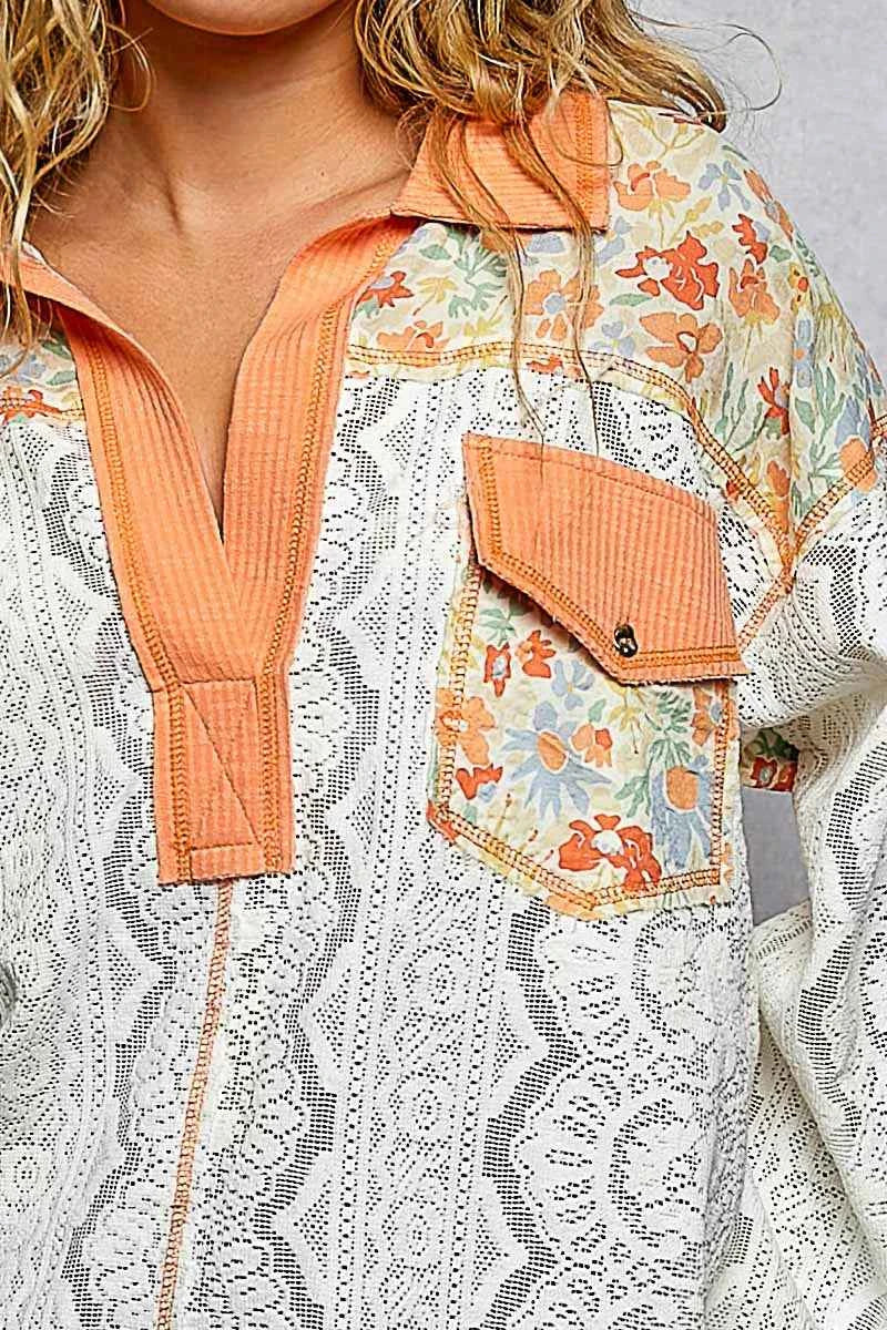 POL Floral Print Long Sleeve Lace Shirt with Front Pocket