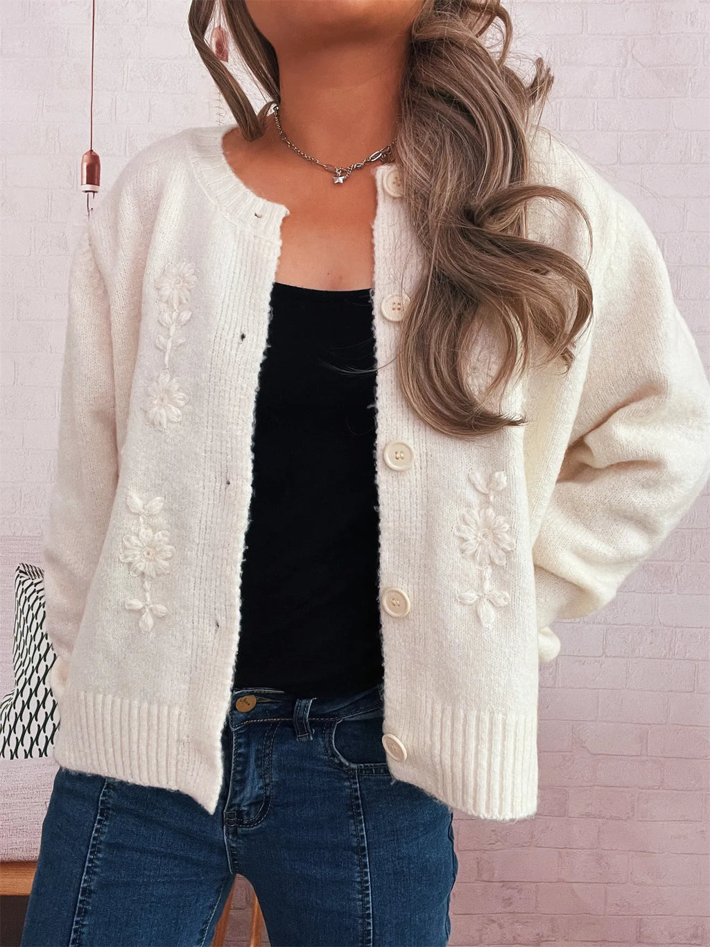 Women's Cardigan Flower Embroidered Button Up Ribbed Hem Round Neck 6b17014e66e84989add261a85a42bf5d-Max-Origin Trendsi