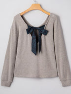 Womens Red Knit Top V Neck Ribbon Bow Back Long Sleeve Sweater 6b222ebd435e4b26844ec460c9710e2b-Max-Origin Trendsi