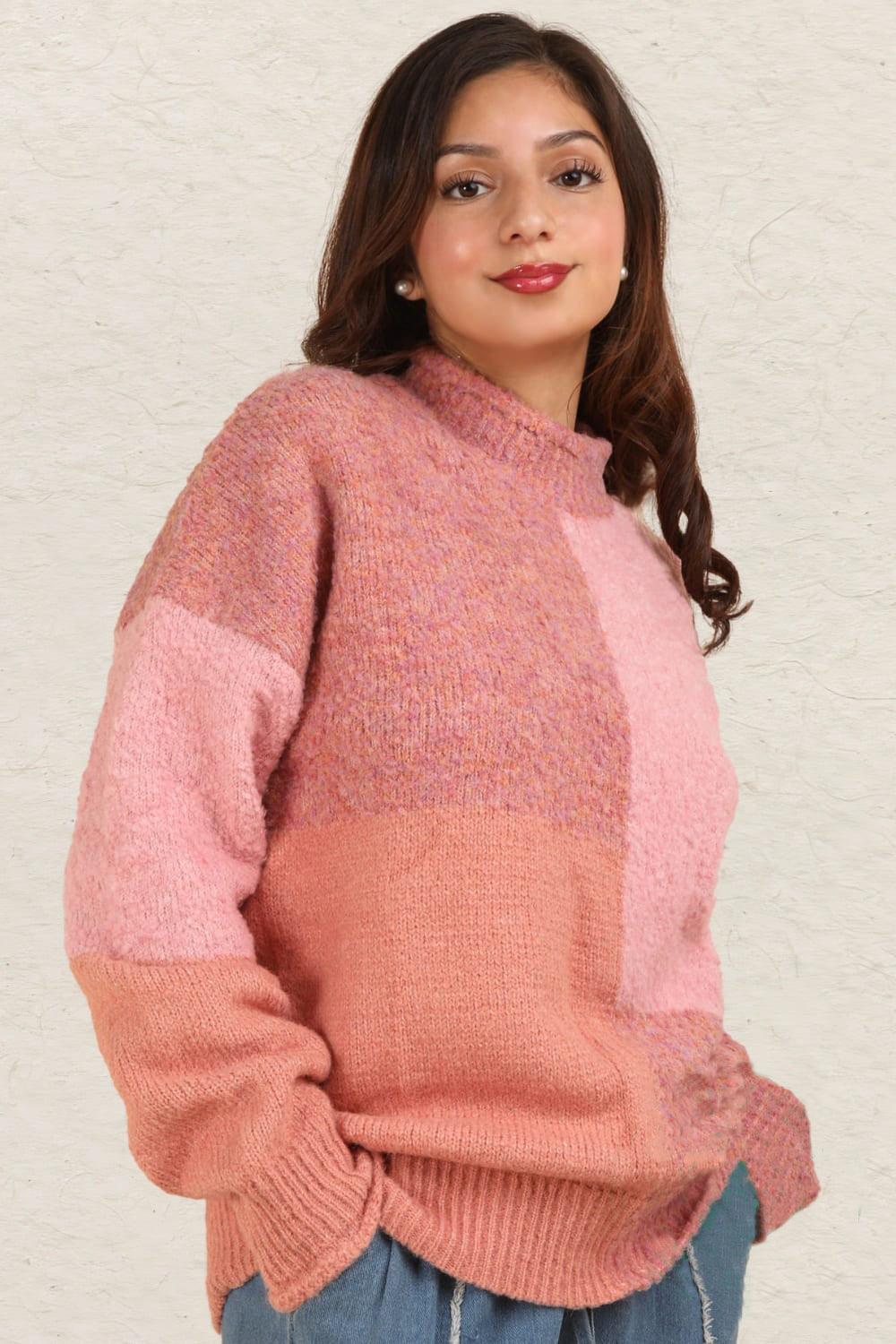 US VERY J Sweater Color Block Mock Neck Drop Shoulder