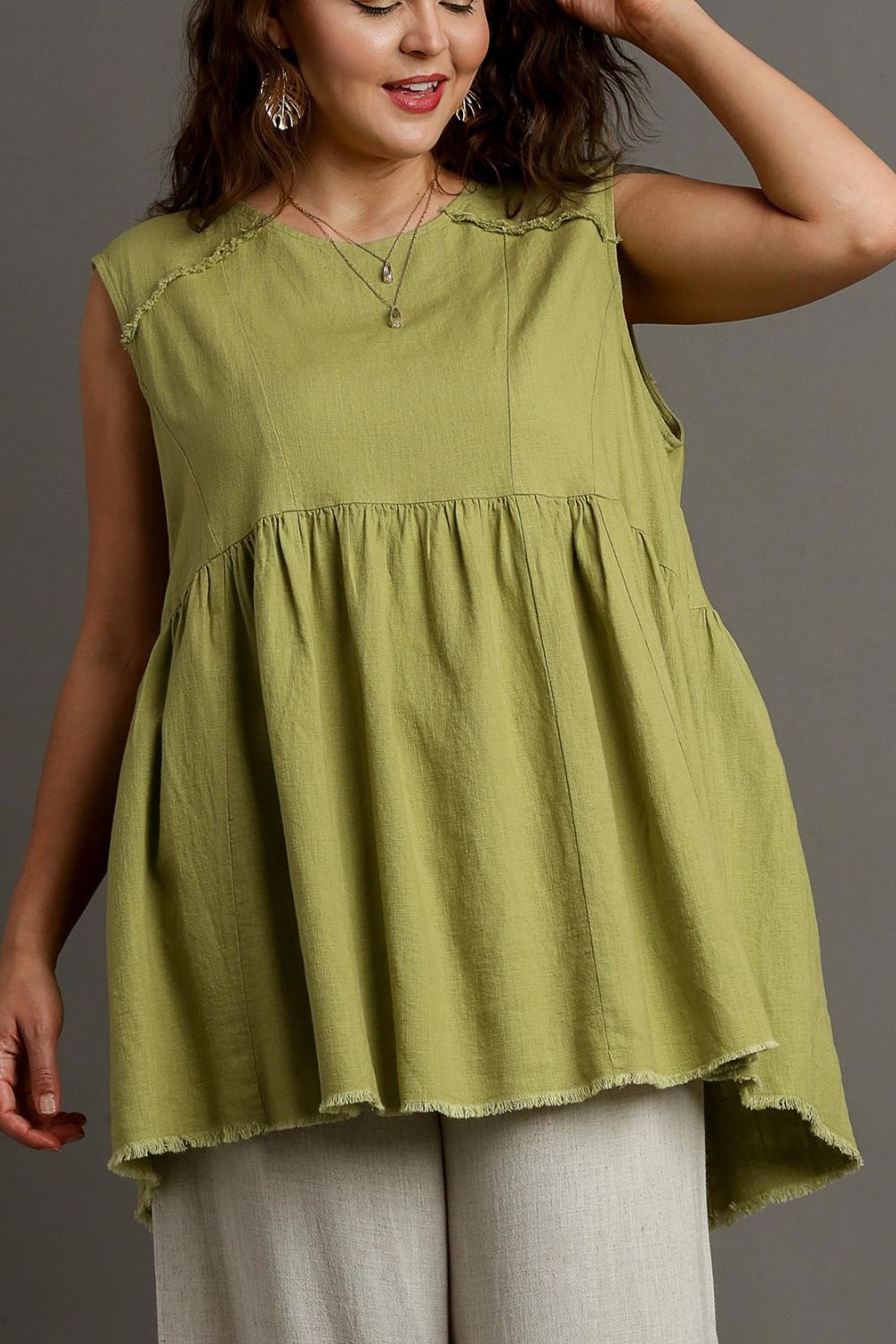Umgee Linen Top Raw Hem Round Neck Sleeveless Yellow-Green Blouse 6b344b94-535f-47f7-81bb-b64aa75f2729-Max Trendsi
