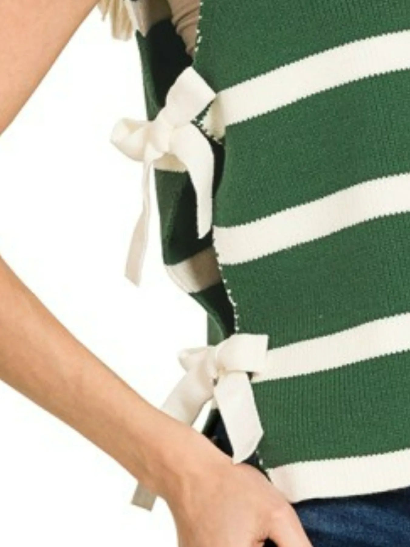 Zenana Sweater Vest Dark Green Stripe Side Bow Tie Knit Top 6b384a31-50e5-48ac-84ae-16cdfd67fa7b-Max-Origin Trendsi