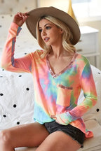 BiBi Womens Tie Dye Top V-neck Terry Pastel With Sequins Long Sleeve 6b3b859fade94b4190ae59de29dca3dd-Max-Origin Trendsi