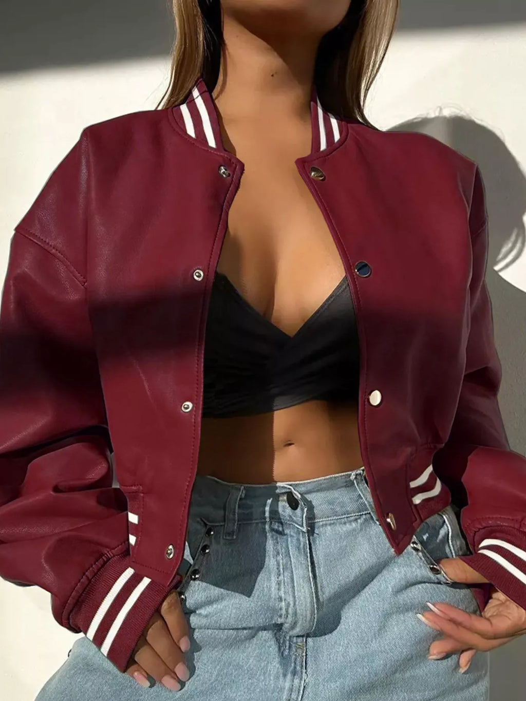 Women's Bomber Jacket Snap Down Stripe Contrast Long Sleeve Outwear 6b3c5c34425a4621bead5a51af6190d9-Max-Origin Trendsi