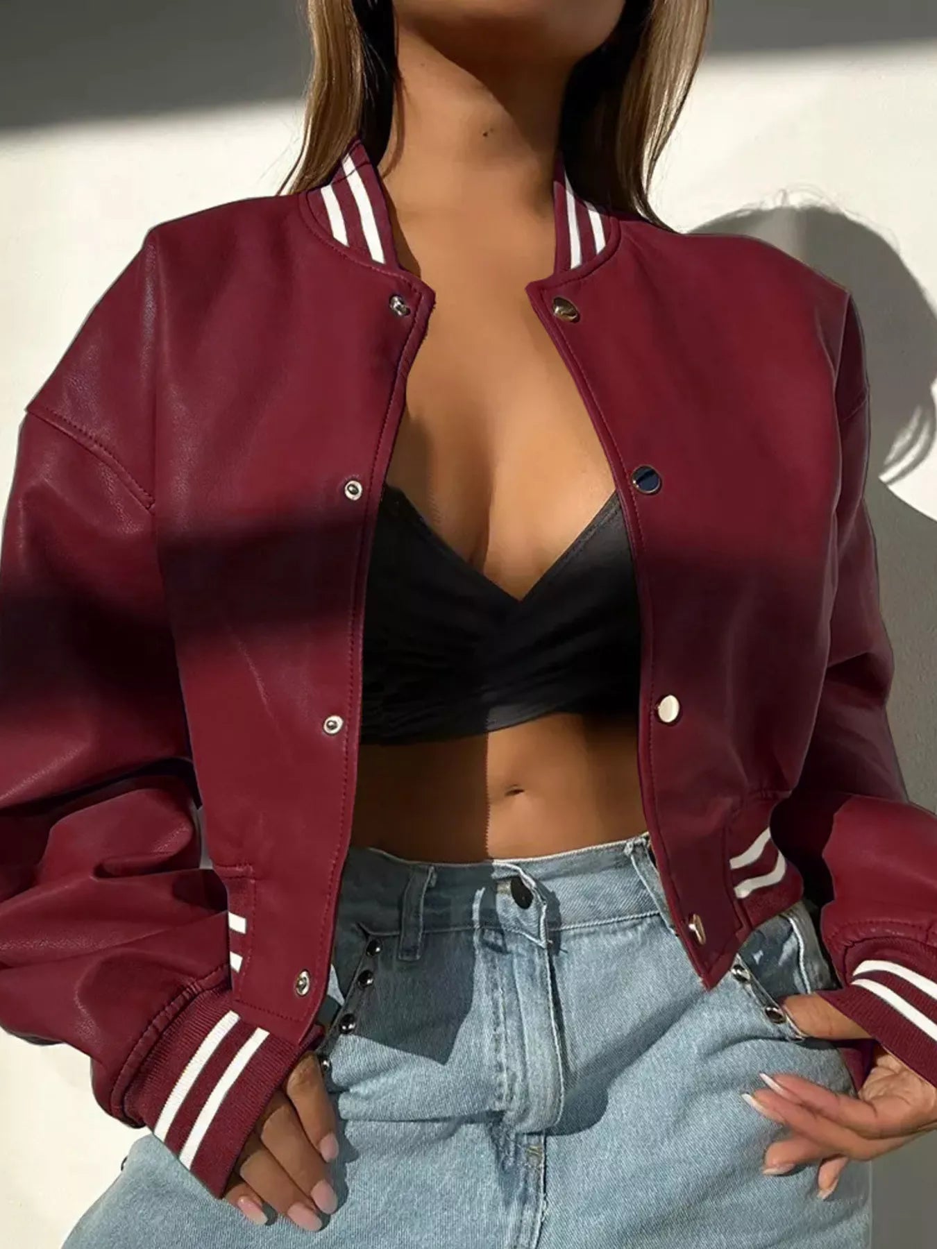 Women's Bomber Jacket Snap Down Stripe Contrast Long Sleeve Outwear 6b3c5c34425a4621bead5a51af6190d9-Max-Origin Trendsi