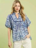 Umgee Blouse Blue Abstract Print Ruffled Puff Short Sleeve Top BLUE 6b3f5cf6-5ccc-47df-9d80-f3127695d1fd-Max-Origin Trendsi