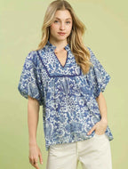 Umgee Blouse Blue Abstract Print Ruffled Puff Short Sleeve Top BLUE 6b3f5cf6-5ccc-47df-9d80-f3127695d1fd-Max-Origin Trendsi
