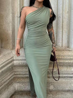 One-Shoulder Ruched Bodycon Dress with Side Slit