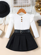Children's Ruffle Sleeve Top and Pleated Skirt Set with Hat and Belt