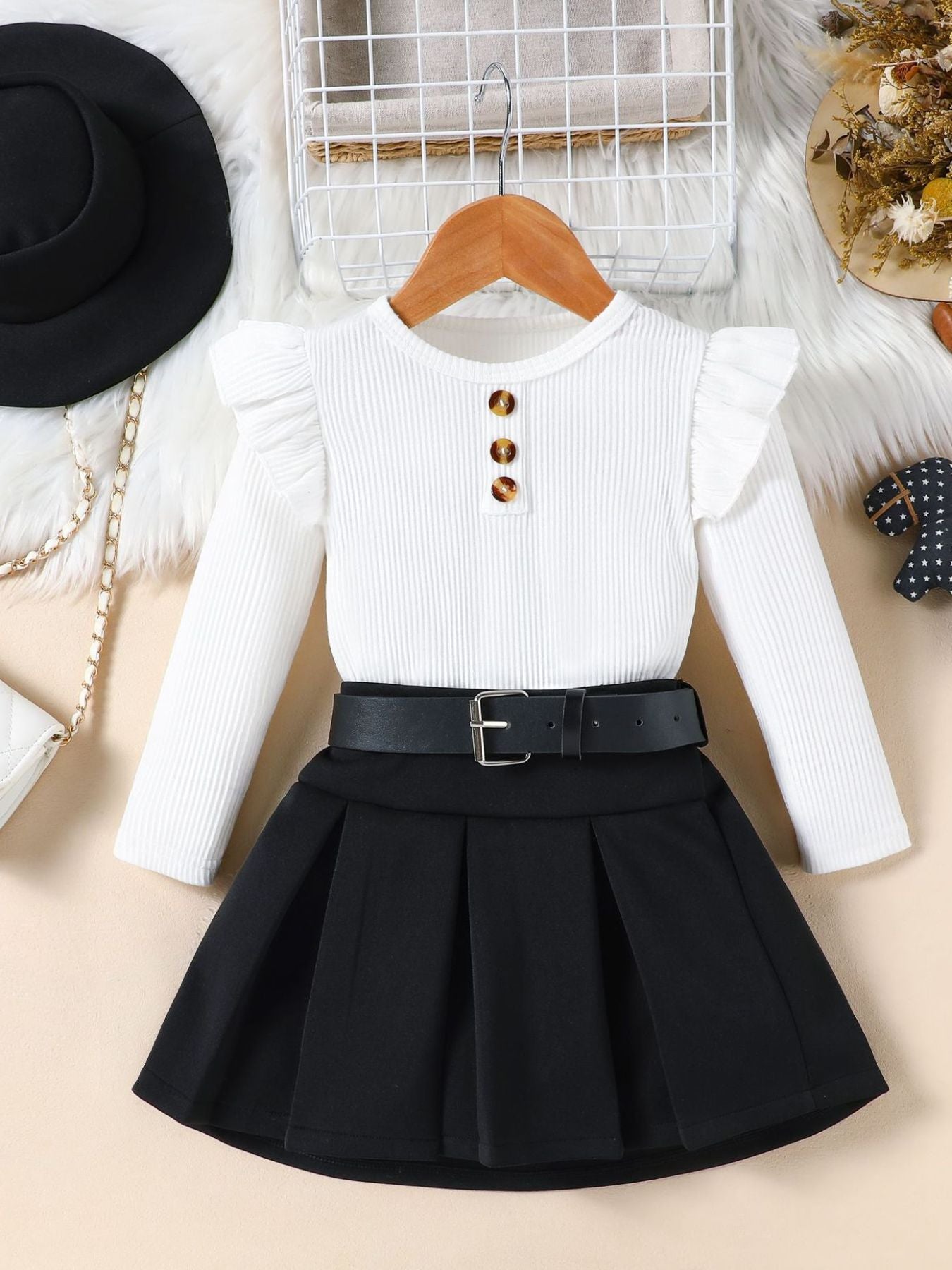 Children's Ruffle Sleeve Top and Pleated Skirt Set with Hat and Belt