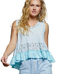 POL Floral Print Patche Round Neck Ribbed Tank with Double Gauze Ruffle Accents