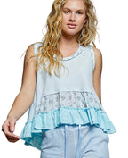 POL Floral Print Patche Round Neck Ribbed Tank with Double Gauze Ruffle Accents