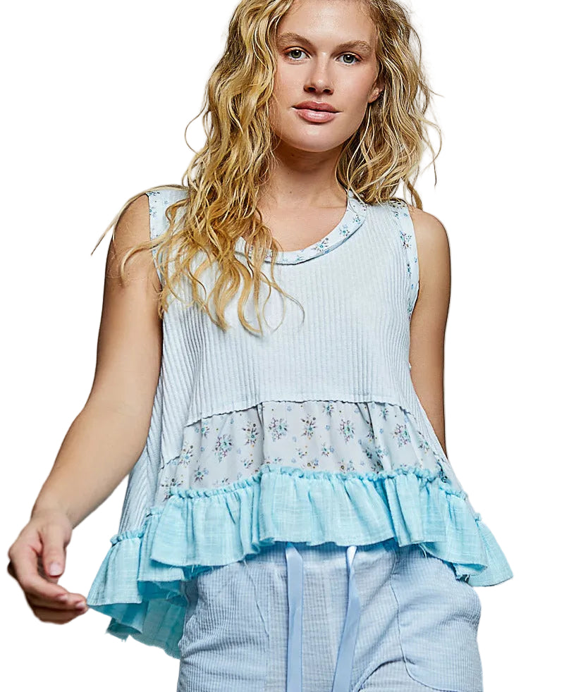 POL Floral Print Patche Round Neck Ribbed Tank with Double Gauze Ruffle Accents