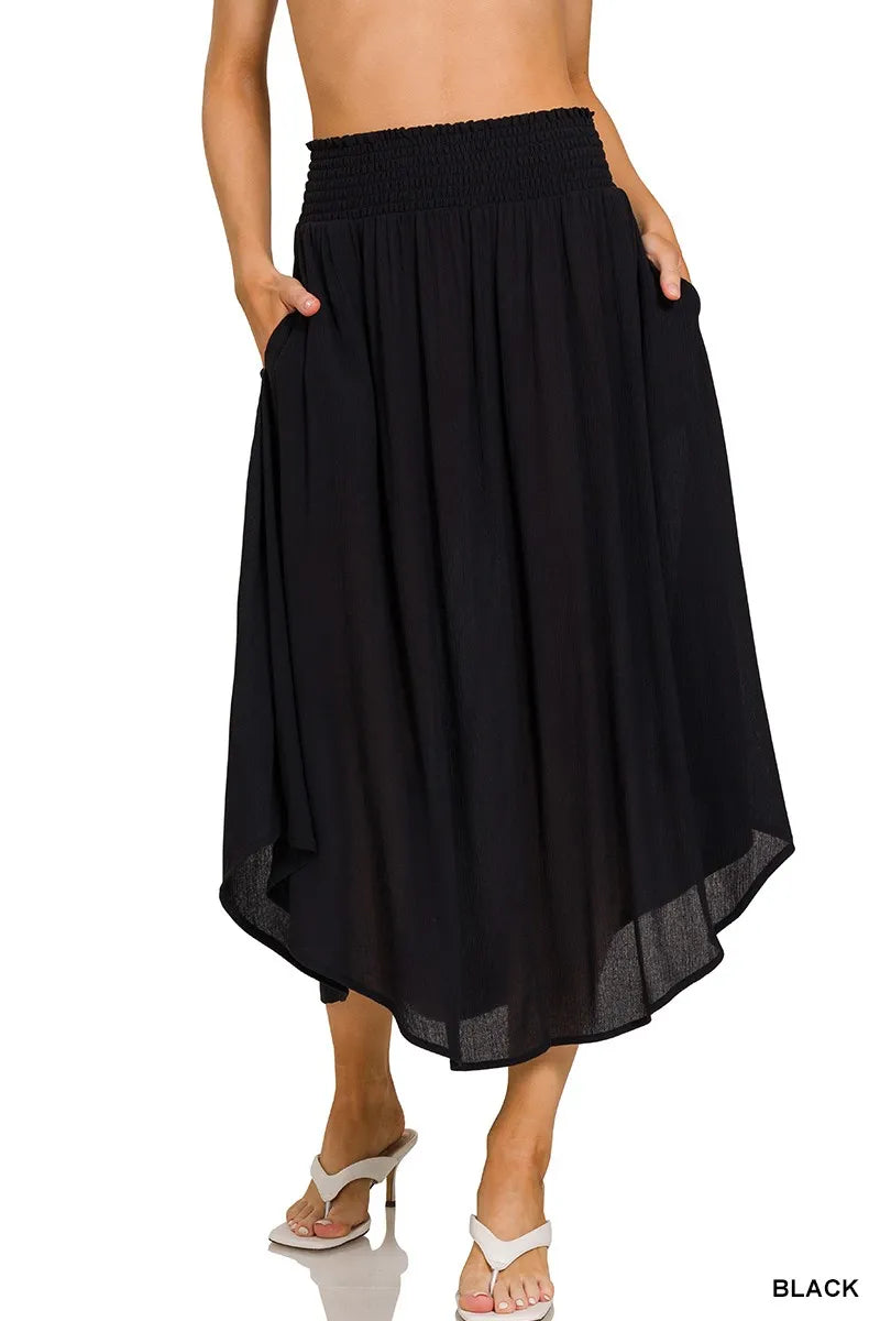 Zenana Midi Skirt Black High-Low Woven Crinkle Smocked Waist With Pockets 6b508e9c30c8495f979c6211841fd42d-Max-Origin Trendsi