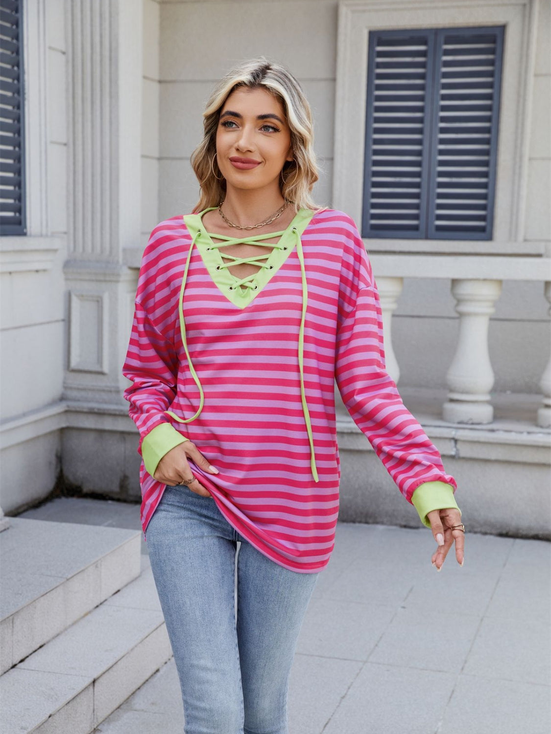 Striped T-Shirt Lace-Up Crisscross V Neck Long Sleeve Blouse Top 6b51c0a2-4ccd-4490-9407-7dd7c8879d8d-Max Trendsi