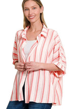 Zenana Shirt Woven Yarn-Dye Coral Stripe Oversized Short Sleeve Top WHITE CORAL 6b6a97db-d5d7-488e-b669-c4c07e7c330c-Max-Origin Trendsi
