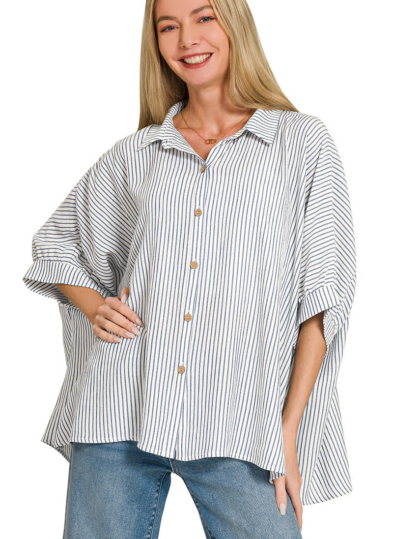 Zenana Woven Stripe Button Down Boxy Shirt