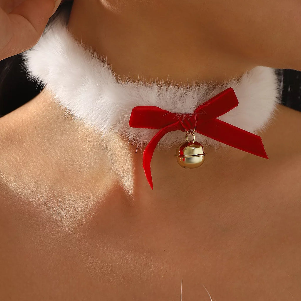 Christmas Choker Faux Fur Necklace with Red Bow Bell 6b725217-b236-417e-9a02-7b204859c4de-Max-Origin Trendsi