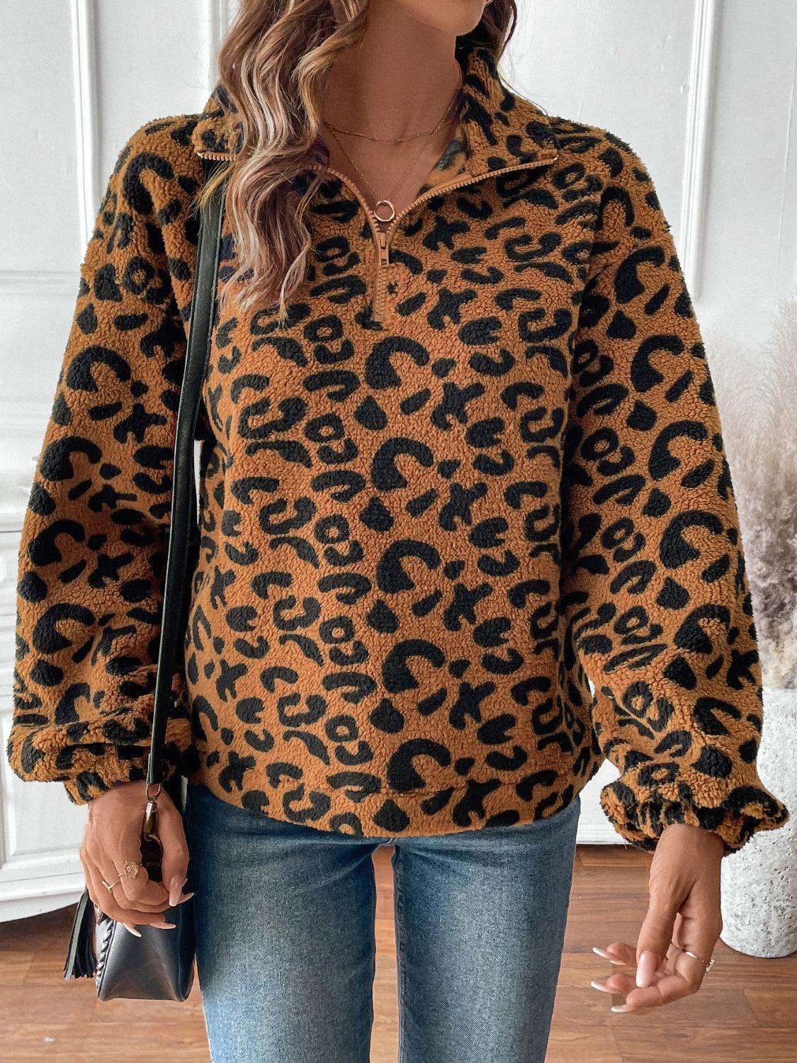 Leopard Sweatshirt Half Zip Collared Teddy Long Sleeve Top