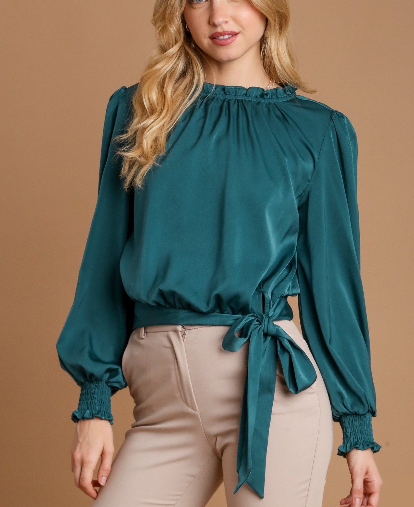 Umgee USA Satin Blouse Frill Tied Hem Long Sleeve Ruffle Mock Neck