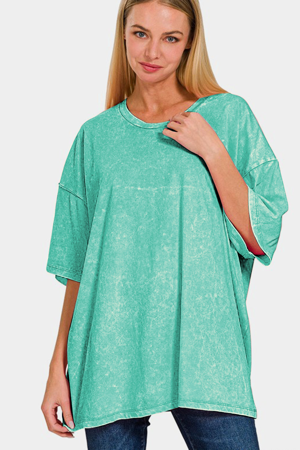 Zenana Women T-Shirt Turquoise Washed Oversized Round Neck Short Sleeve 6b8b7f46-5165-4a3e-8aab-db4a9c01d726-Max Trendsi