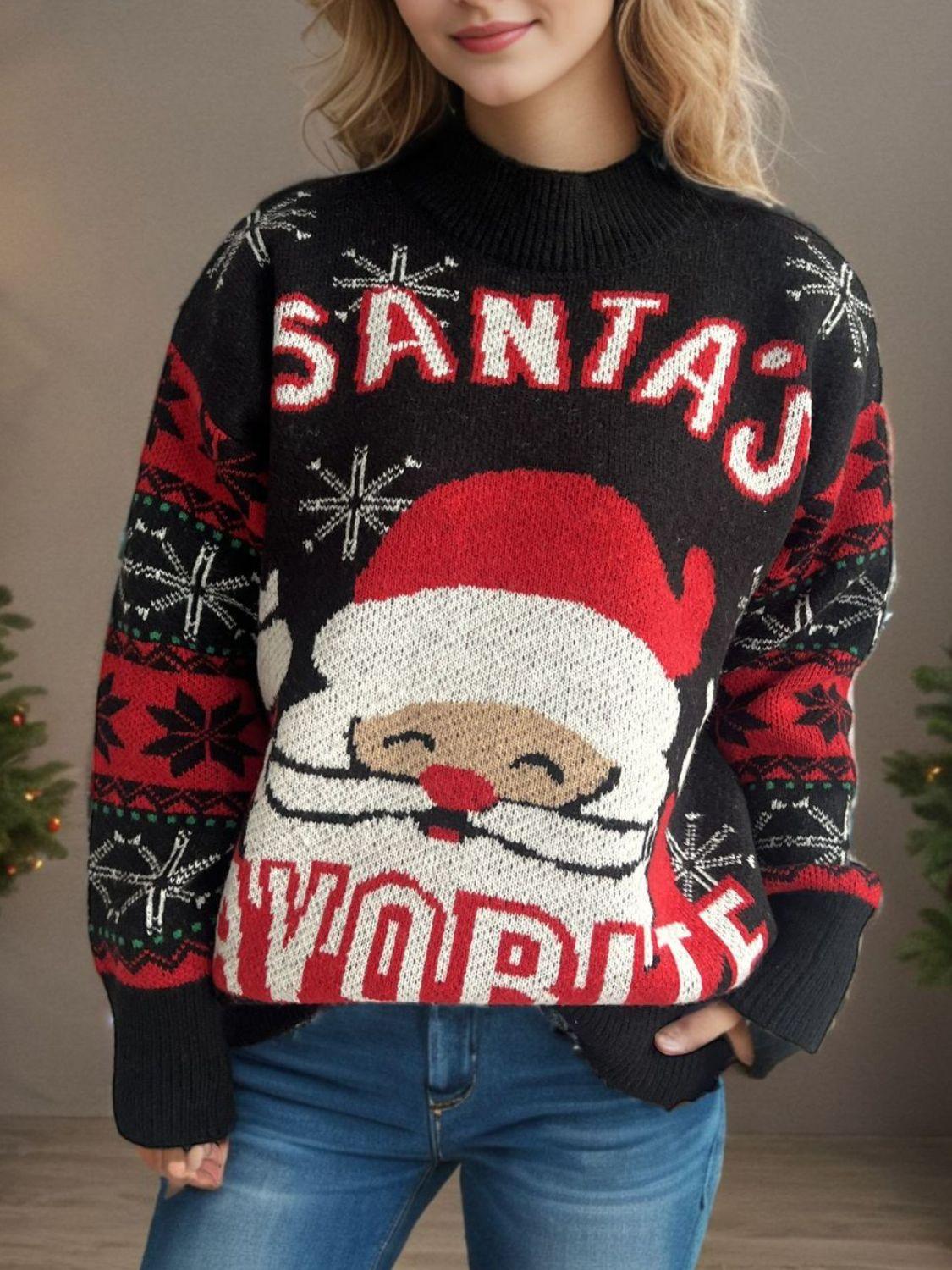 Christmas Sweater Women Santa Mock Neck Long Sleeve Basic Style Pullover